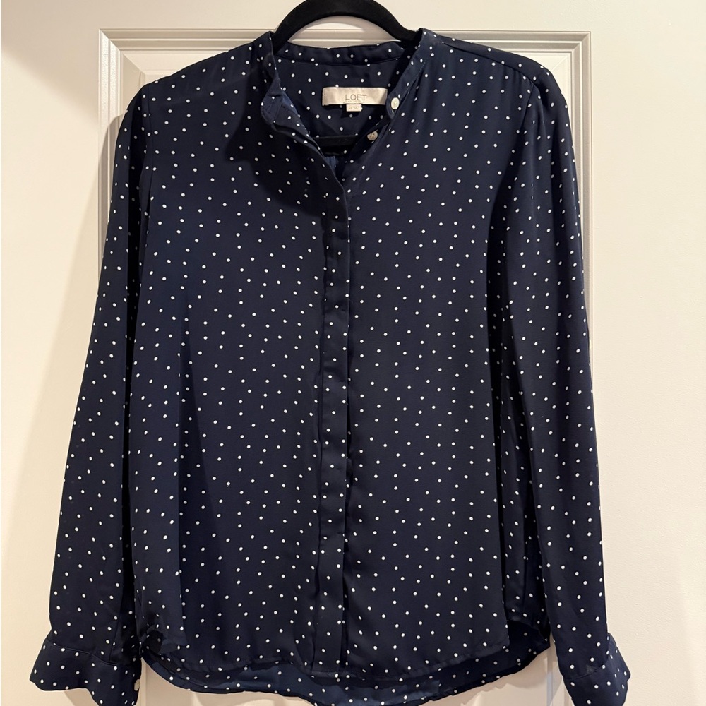 LOFT Navy and White Polka Dot Button-Down Shirt